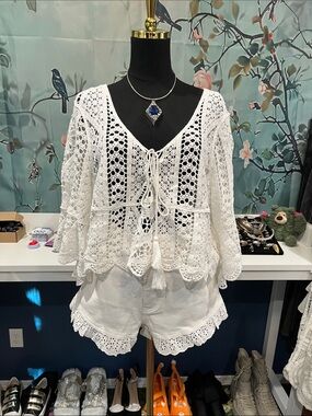 Desert Rose White Crochet Tie-Front Women's Top